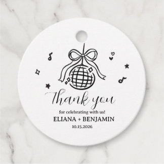 Étiquette de cadeau de fête disco à nœud dessinée 