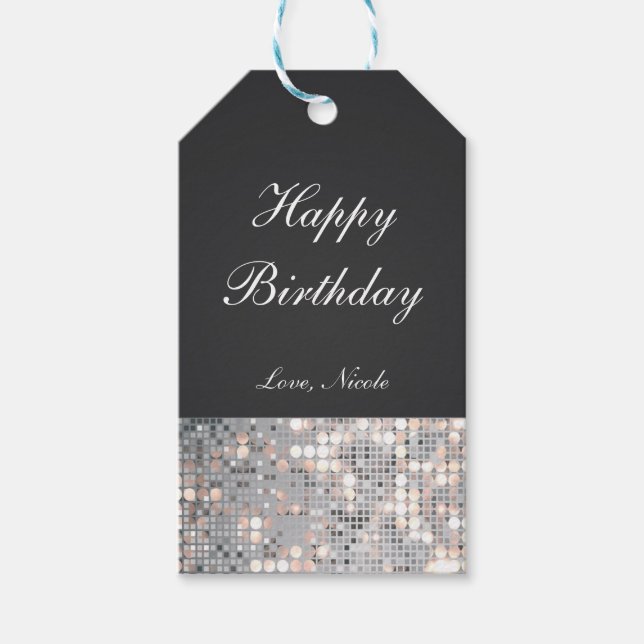 Étiquette de cadeau de fête noire pailletée et gla (Devant)