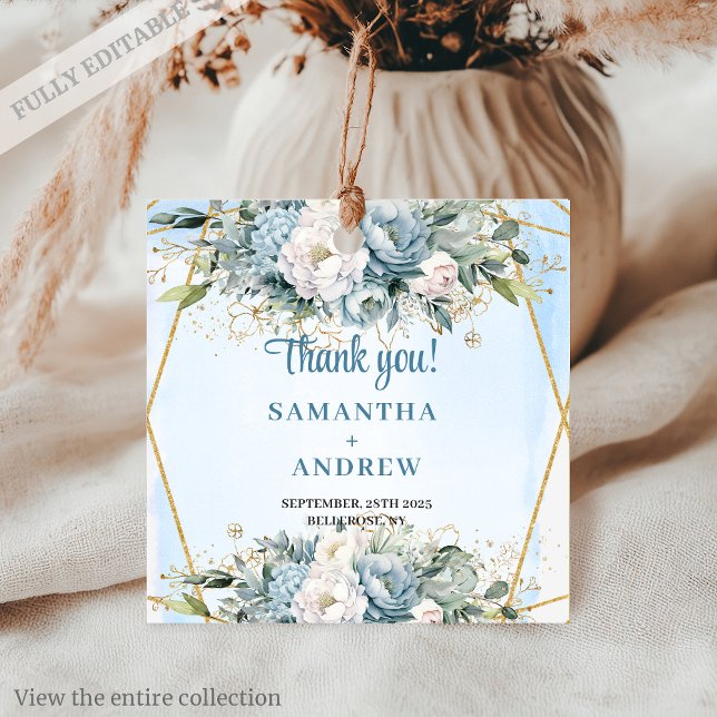 Étiquette de cadeau de mariage à cadre doré et ble (Bohemian Dusty Blue Gold Frame Wedding Favor Tag

)