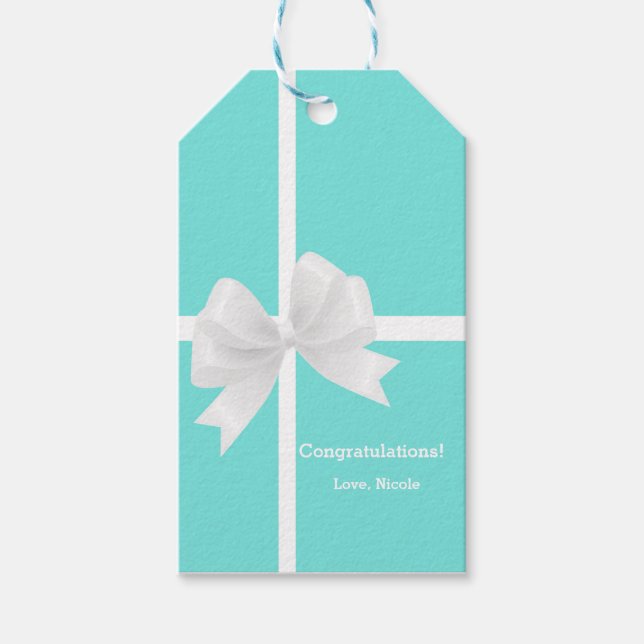 Étiquette de cadeau de mariage à ruban bleu et bla (Devant)