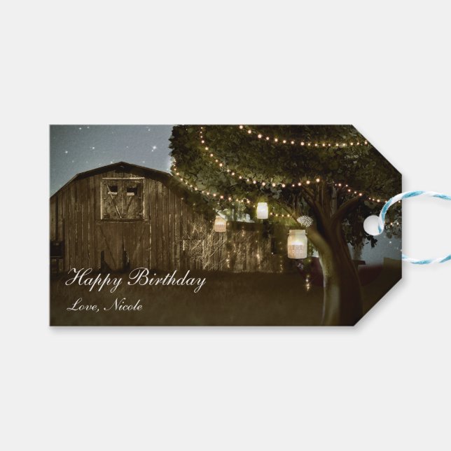Étiquette de cadeau de mariage avec grange rustiqu (Devant (Horizontal))