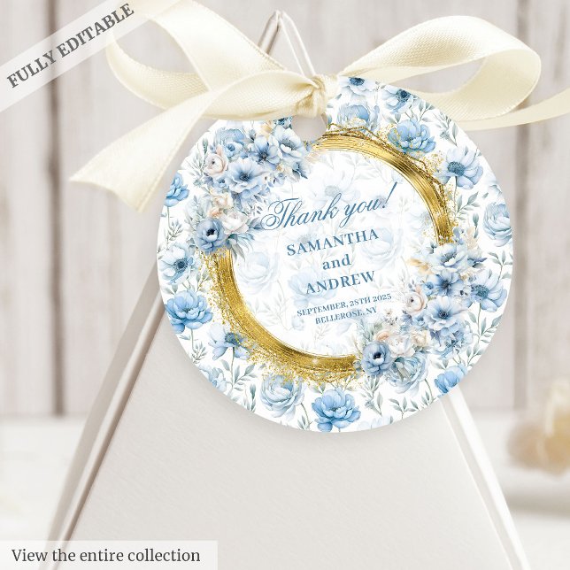 Étiquette de cadeau de mariage bleu pastel doré Bo (Romantic Boho Pastel Blue Gold Wedding Favor Tag)