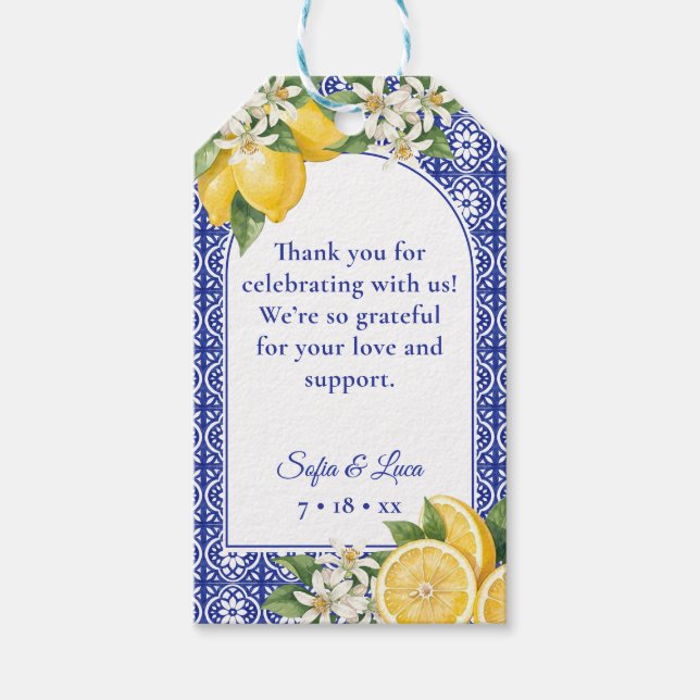 Étiquette de cadeau de mariage en carreau bleu cit (Devant)