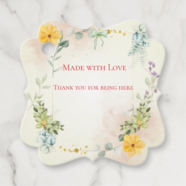 Étiquette de cadeau de mariage floral jaune et ros (Devant)