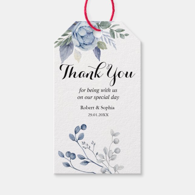 Étiquette de cadeau de mariage florale bleu poussi (Devant)