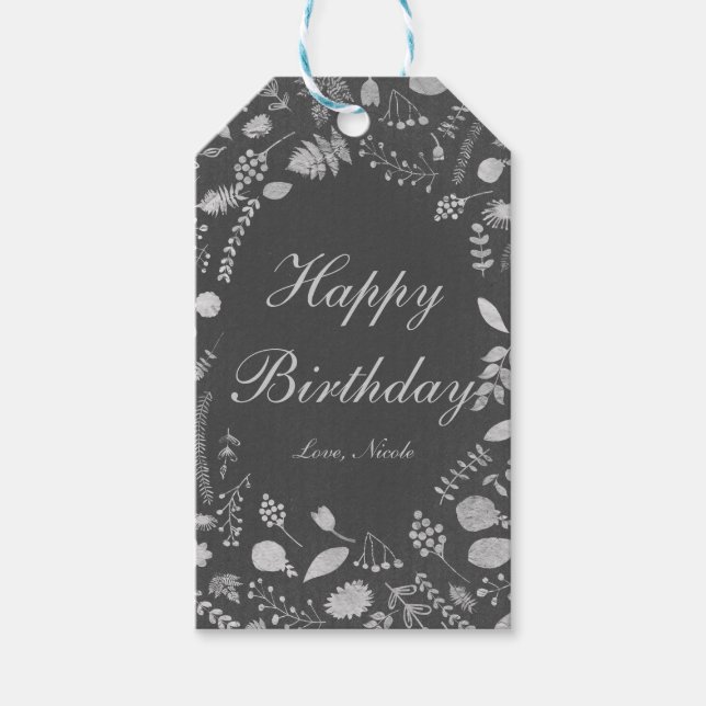 Étiquette de cadeau de mariage florale grise et ar (Devant)