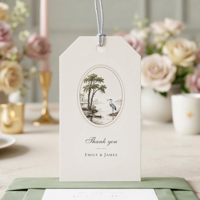 Étiquette de cadeau de mariage ovale de Héron fran (Créateur téléchargé)