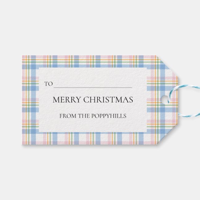 Étiquette de cadeau de Noël à carreaux rose modern (Devant (Horizontal))