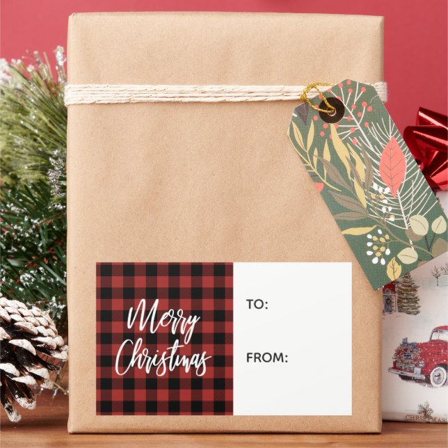 Étiquette de cadeau de Noël à carreaux rouge buffl (vacances)