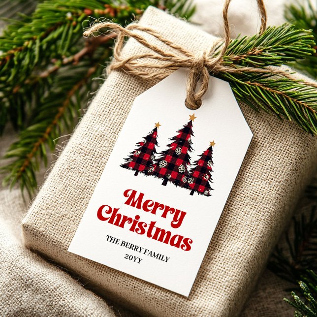 Étiquette de cadeau de Noël arbre buffle éditable  (Editable buffalo tree gift tag red green holiday

)