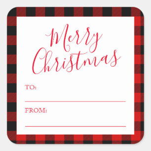 Étiquette de cadeau de Noël au carreau rouge noir