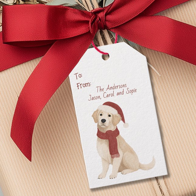 Étiquette de cadeau de Noël avec un Golden Retriev (Golden Retriever in Santa Hat Christmas Gift Tag)