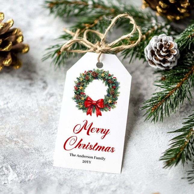 Étiquette de cadeau de Noël Couronne de pin aquare (Watercolor Pine Wreath Christmas Gift Label)
