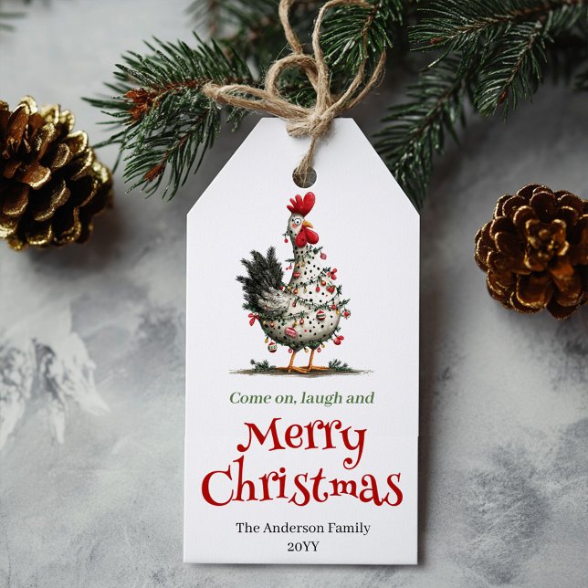Étiquette de cadeau de Noël de poulets drôles Nom  (Funny Chickens Christmas Gift Tag Custom Name)