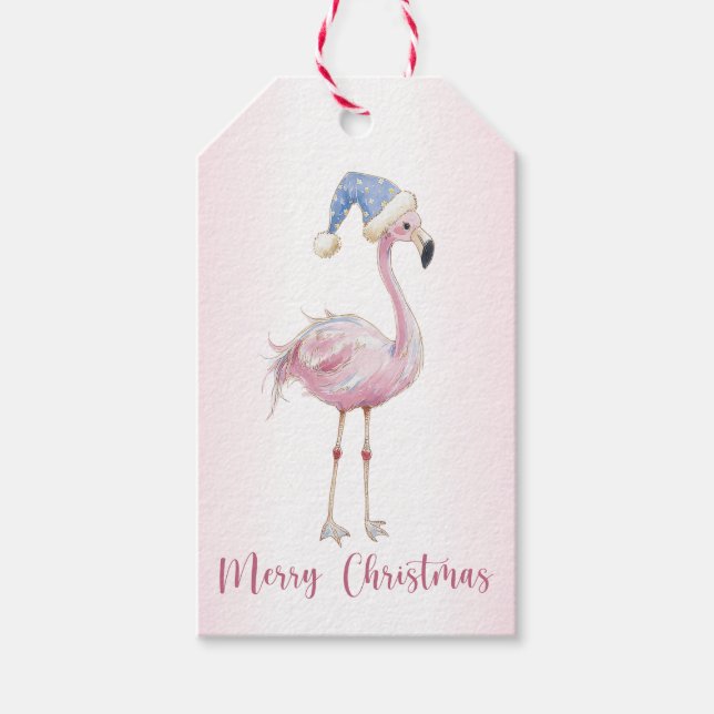 Étiquette de cadeau de Noël Flamant Rose Santa (Devant)