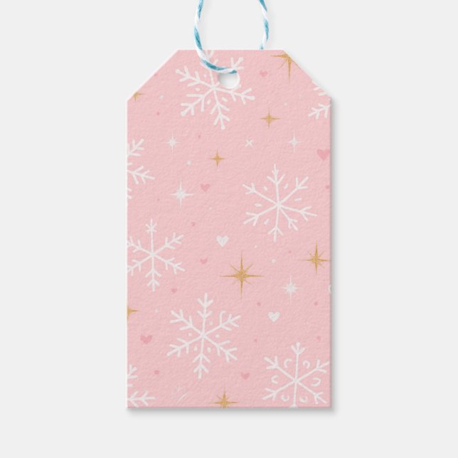 Étiquette de cadeau de Noël flocon de neige rose e (Devant)