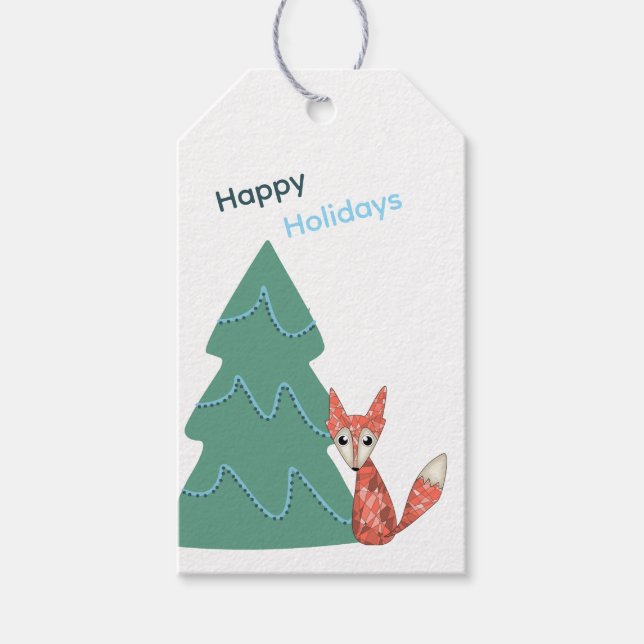 Étiquette de cadeau de Noël Renard et Arbre Fantai (Devant)