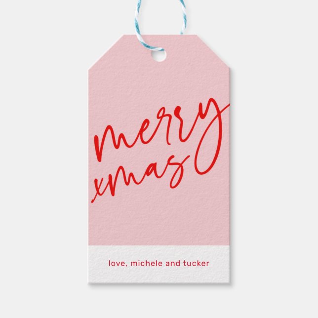 Étiquette de cadeau de Noël rouge et rose Joyeux N (Devant)