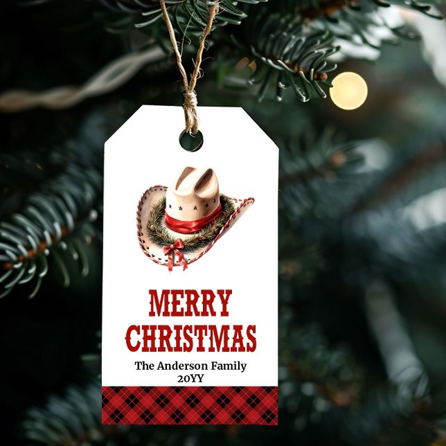 Étiquette de cadeau de Noël rustique western avec  (Rustic Western Christmas gift tag with cowboy hat)