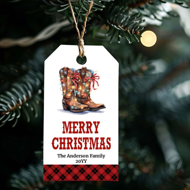 Étiquette de cadeau de Noël rustique western botte (Rustic Western Christmas gift tag with cowboy hat)