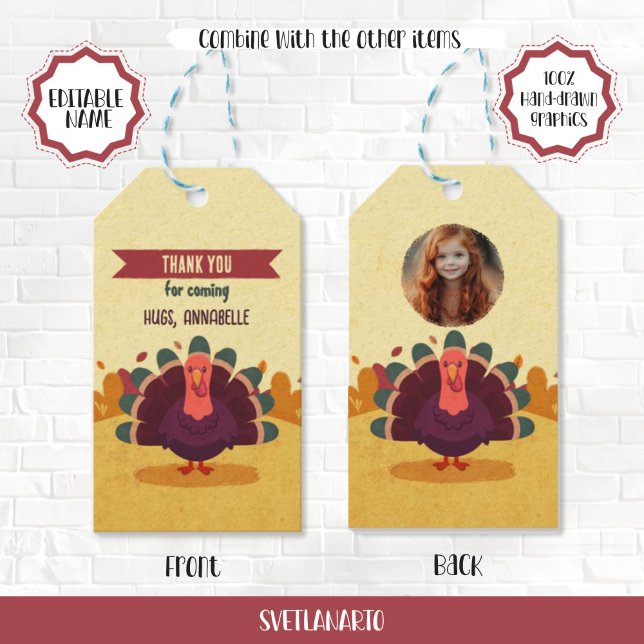 Étiquette de Cadeau de Photo d'Enfant de Dinde de  (Créateur téléchargé)