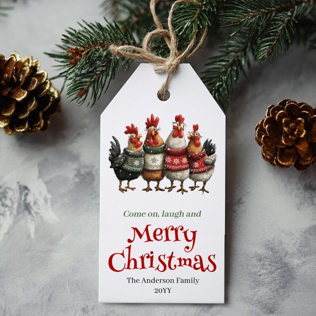 Étiquette de cadeau de poules amusantes modifiable (Funny chickens gift tag editable holiday name

)