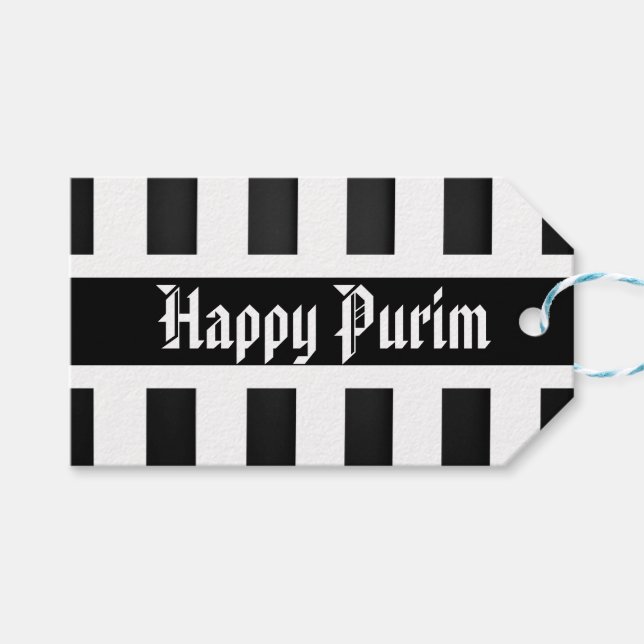 Étiquette de cadeau de Pourim joyeuse rayée noir b (Devant (Horizontal))