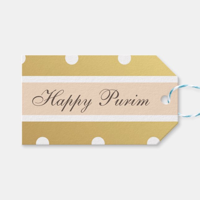 Étiquette de cadeau de Pourim joyeux pois dorés (Devant (Horizontal))