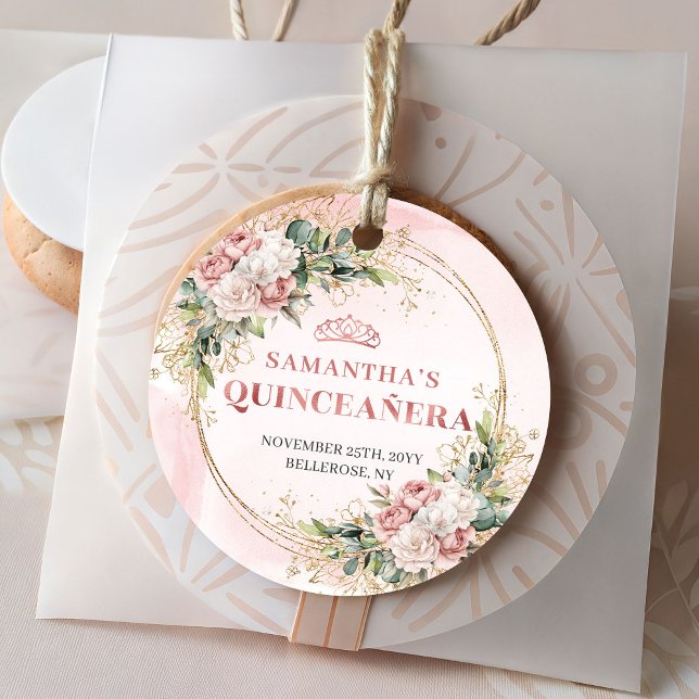 Étiquette de cadeau de Quinceañera à la verdure fl (Dusty Pink Floral Greenery Quinceañera Gift Tag)