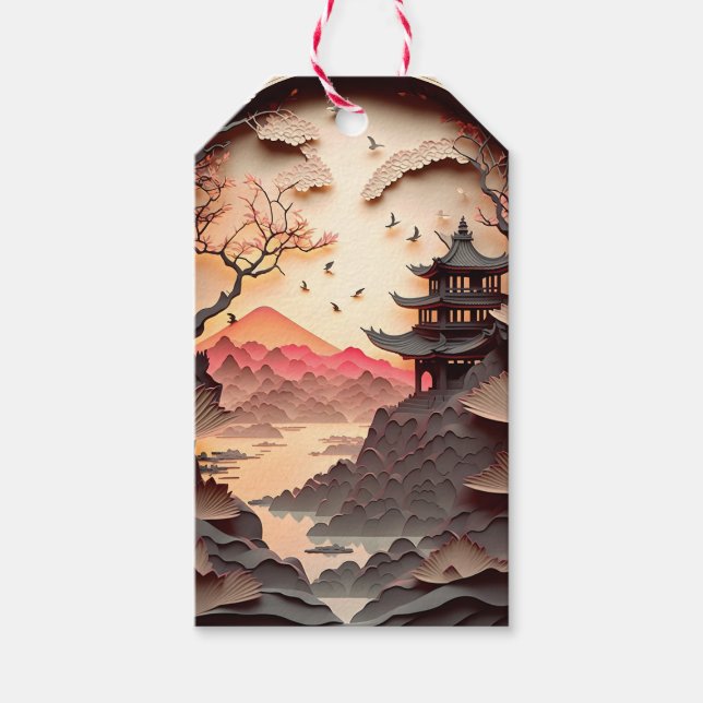 Étiquette de cadeau de scène chinoise ancienne en  (Devant)