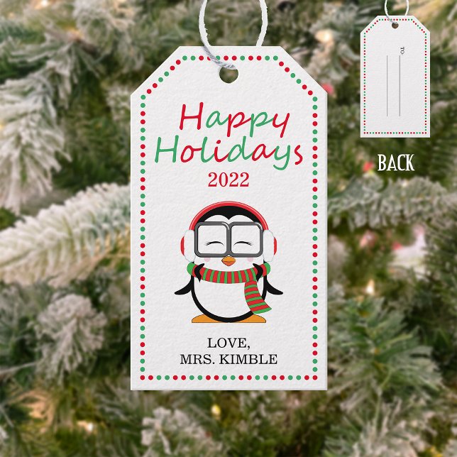 Étiquette de cadeau de vacances de pingouin mignon (Créateur téléchargé)