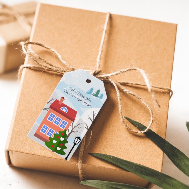 Étiquette de cadeau de vacances de village d'hiver (Créateur téléchargé)