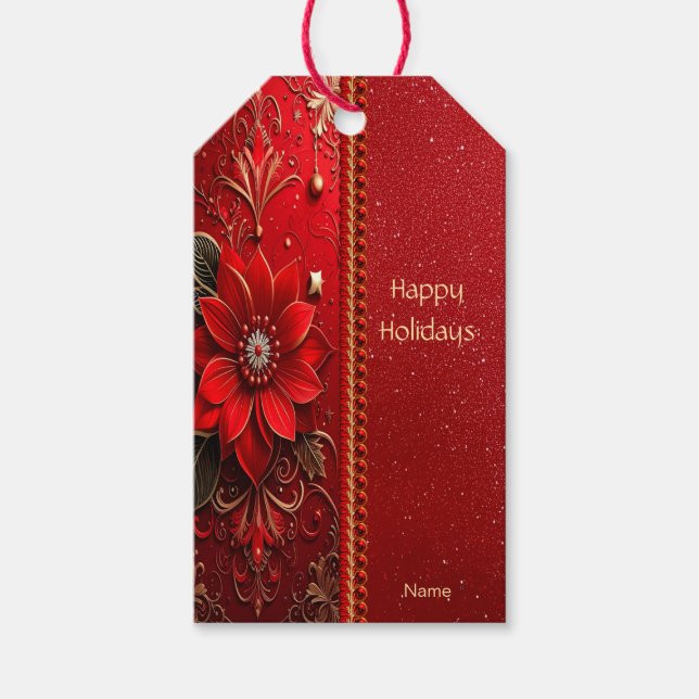 Étiquette de cadeau de vacances Fleur Rouge (Devant)