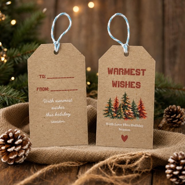 Étiquette de cadeau de vacances rustique | Meilleu (Rustic Holiday Gift Tag | Warmest Wishes Fall Woodland Watercolor Christmas Gift Tags)