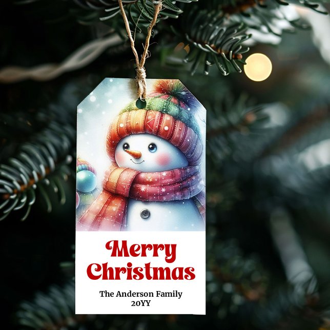 Étiquette de cadeau délicate et modifiable pour en (Delicate Editable Holiday Kids Gift Tag Snowman Cheer)