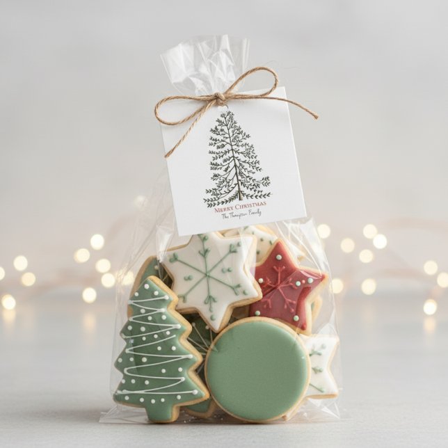 Étiquette de cadeau festive blanche Joyeux Noël ar (Modern Christmas Gift Tag with Simple Tree and Star. Red Merry Christmas and Green Minimal Xmas Tree)