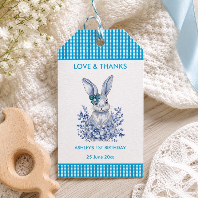 Étiquette de cadeau fête 1er anniversaire Lapin Fl (Blue Floral Rabbit 1st Birthday Party Gift Tag)