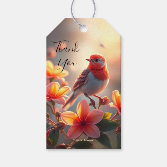 Étiquette de cadeau florale d'oiseau orange (Devant)