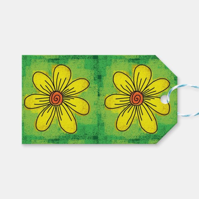 Étiquette de cadeau florale verte et jaune (Devant (Horizontal))