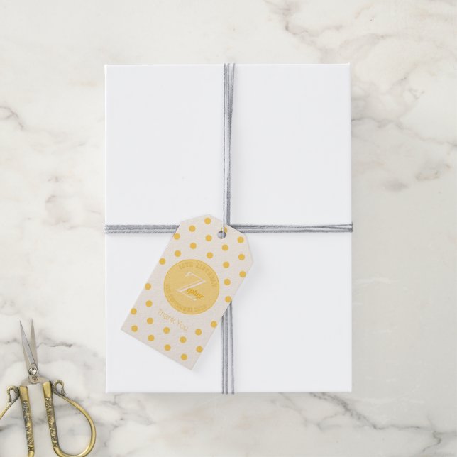 Étiquette de Cadeau Jaune à Points Jaunâtres Blanc (Avec de la ficelle)