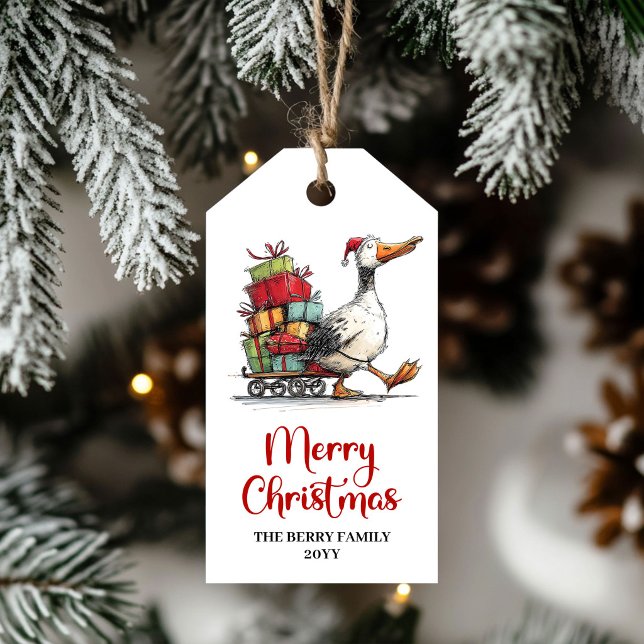 Étiquette de cadeau minimaliste fantaisiste Joyeux (Christmas Funny Goose Whimsical Minimal Gift Tag)