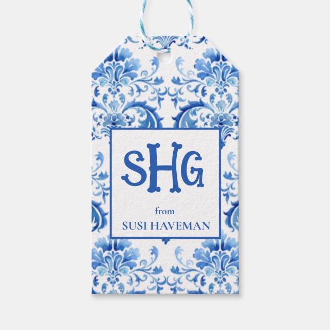 Étiquette de Cadeau Monogramme Bleu et Blanc (Devant)
