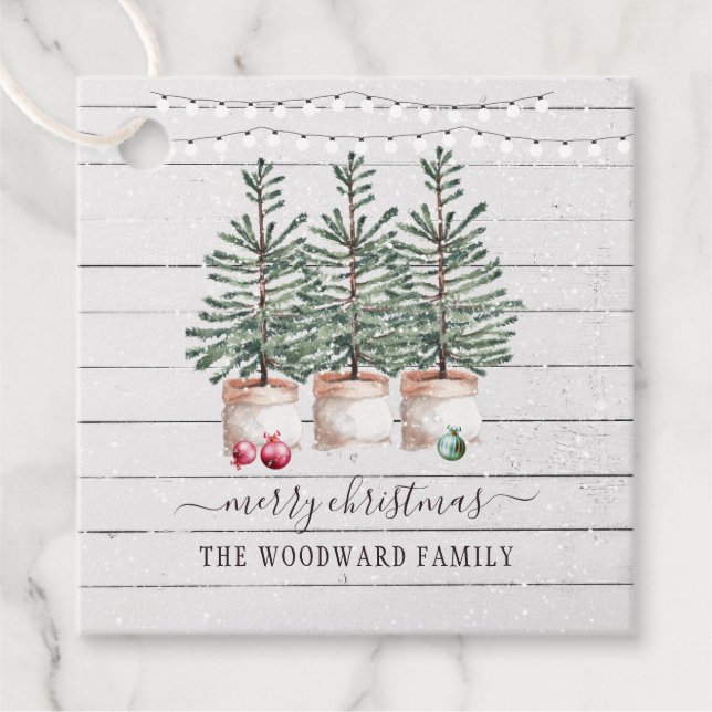 Étiquette de cadeau Noël arbres pin rustiques neig (Devant)