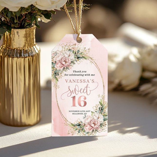 Étiquette de cadeau pour 16e anniversaire Fleurs d (Dusty Pink Floral Greenery 16th Birthday Gift Tag)