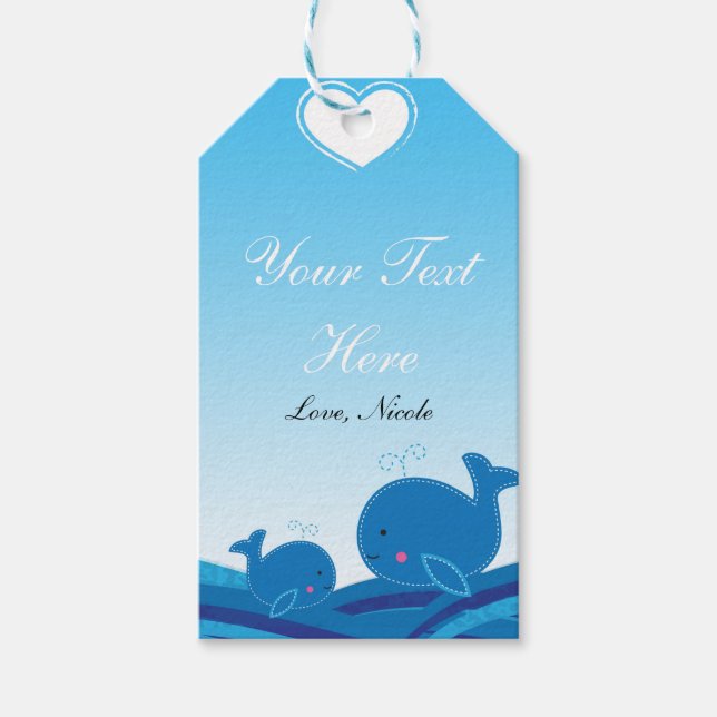 Étiquette de cadeau pour Baby Shower "2 Baleines B (Devant)
