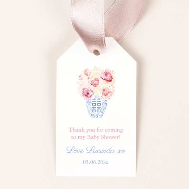 Étiquette de cadeau pour Baby Shower : Petite Fill (Pink and blue baby shower for little girl favor tags with ginger jar and pink garden roses)