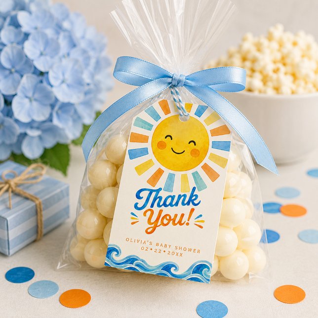 Étiquette de cadeau pour la fête prénatale Here Co (Here comes the son - Baby Shower Favor Tag)