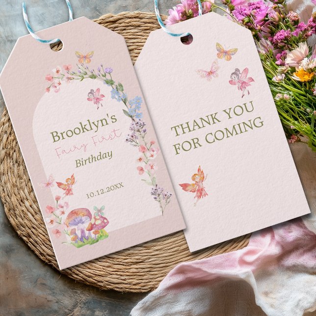 Étiquette de cadeau pour la première fête d'annive (Pink Fairy First Girl Birthday Favor Gift Tag
)