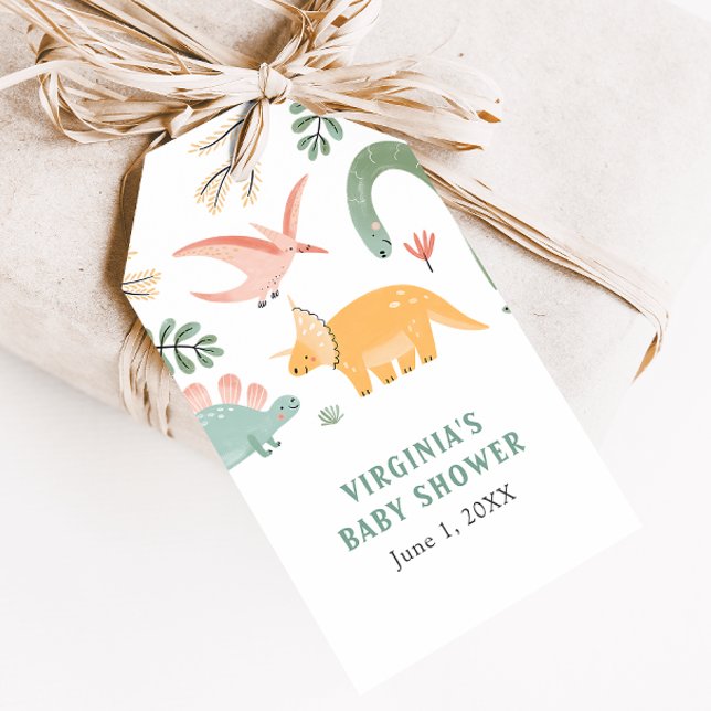 Étiquette de cadeau pour une baby shower avec un a (Cute Dinosaur Baby Shower Gift Tag by Painted Paperie
)