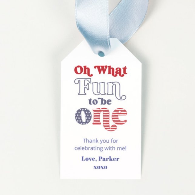 Étiquette de cadeau pour une fête d'anniversaire n (Retro typography red white and blue 1st birthday party favor tags oh what fun to be one)